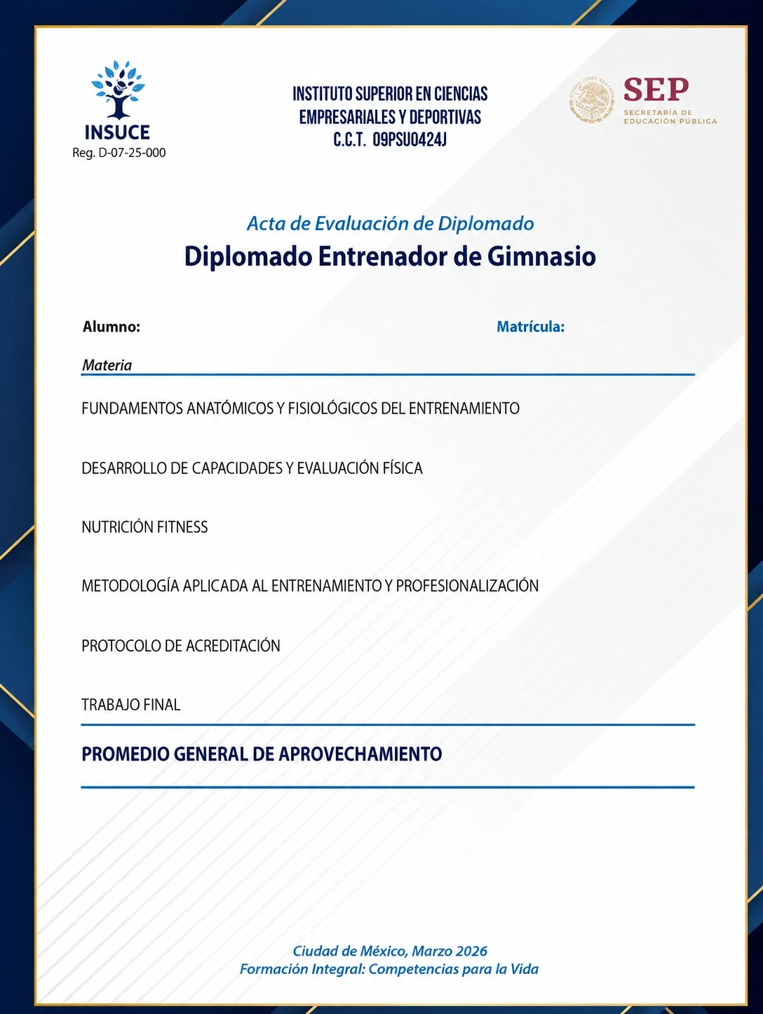 Acta de Evaluación del Diplomado Entrenador de Gimnasio