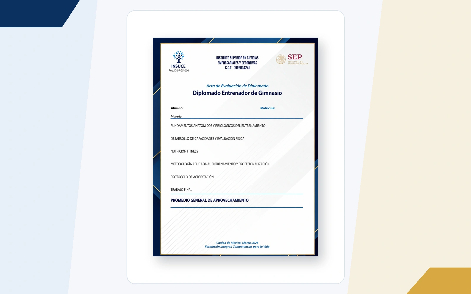 Acta de Evaluación del Diplomado Entrenador de Gimnasio