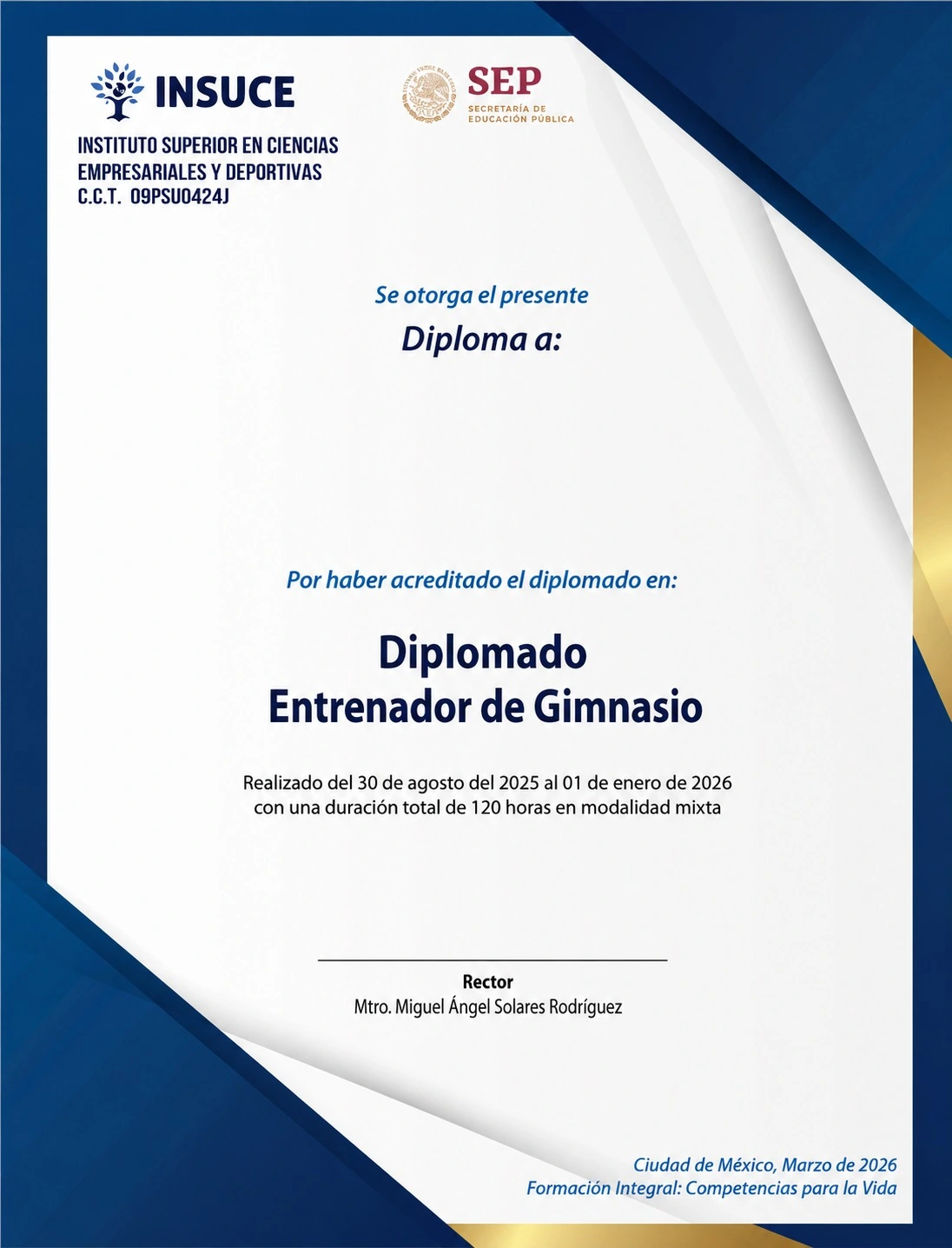 Diploma oficial del Diplomado Entrenador de Gimnasio